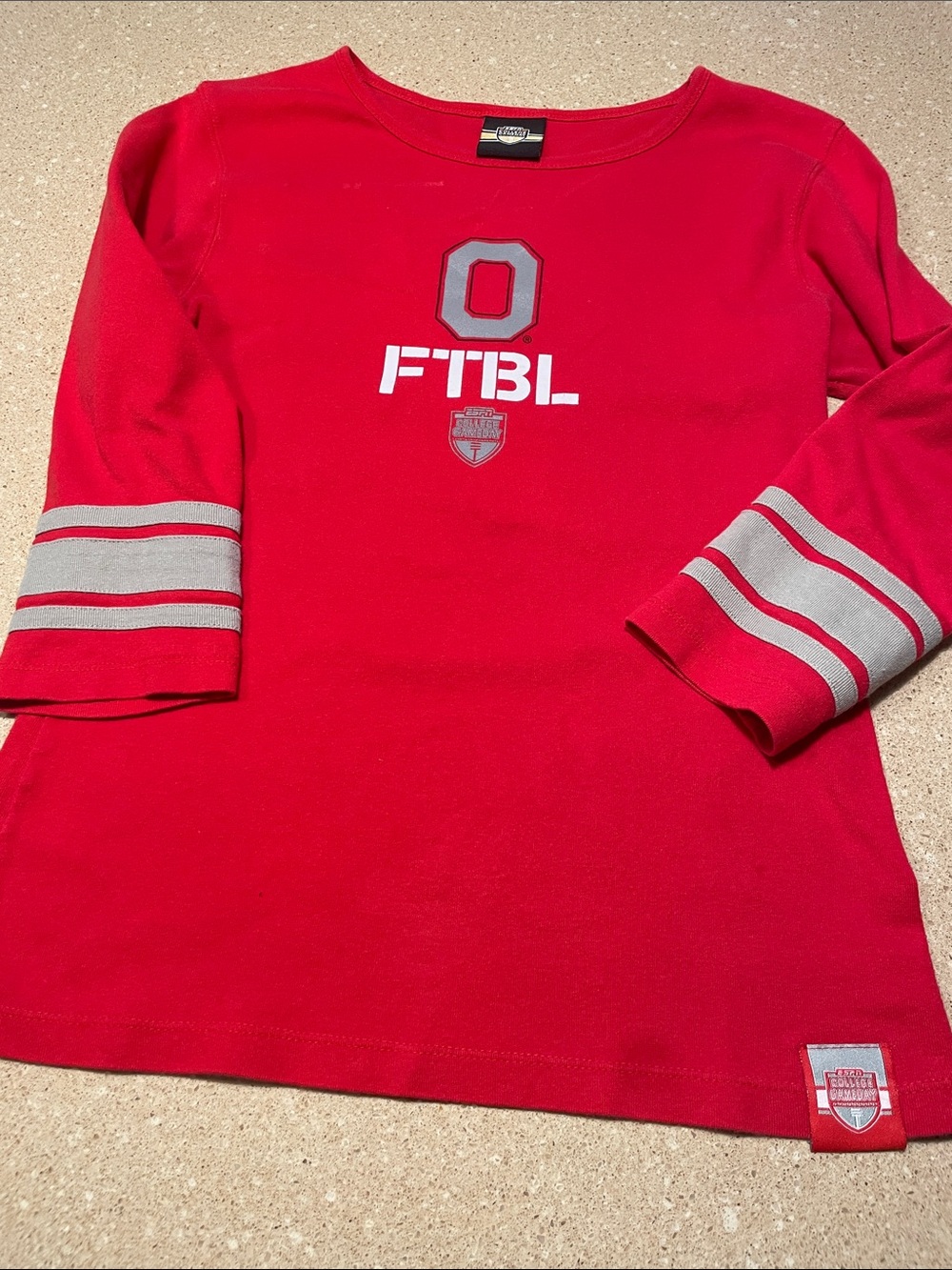 Kids FTBL Red Long-Sleeve Graphic Tee with Gray Stripe Sleeves